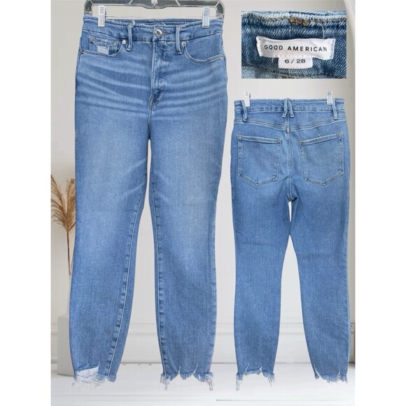 Good American GWC731T Women’s High Rise Stretch Jeans Size 6/28 Distressed  Hem - Picture 1 of 9
